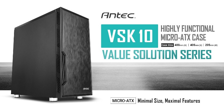 Antec VSK10 mATX Case. 2x USB 3.0 Thermally Advanced Builder's Case. 1x 120mm Fan preinstalled. Two Years Warranty