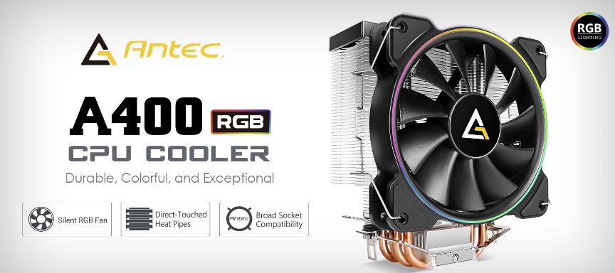 Antec A400 RGB Air CPU Cooler, Direct Heat-Pipies, Silent RGB 12CM PWM Fan, Broad Socket Support, 115X, 1200, 2011, 2066, AM3, AM3+, AM4 FM1, FM2, FM2