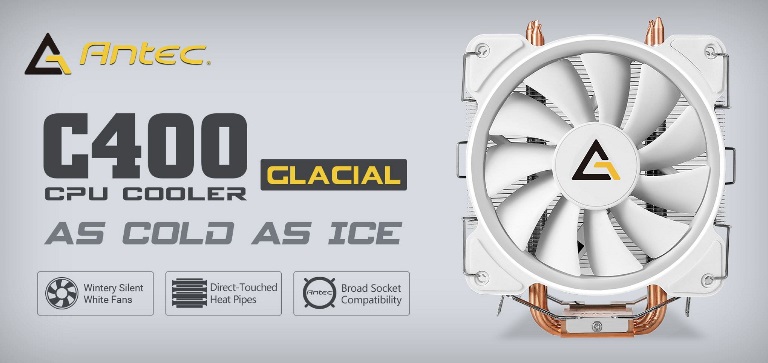 Antec C400 GLACIAL White Air CPU Cooler 12CM PWM 77 CFM Fan, 8mm Copper Base. 115X, 1200, 2011, 2066, AM3, AM3+, AM4 FM1, FM2, FM2+ 3 Years Warranty