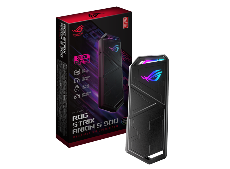 ASUS ROG STRIX ARION S500 With 500GB SSD Built-In (Seagate Firecuda 510), USB-C 3.2 Gen 2 Interface, NVMe, up to 1050 MB/s transfer speed, Aura Sync