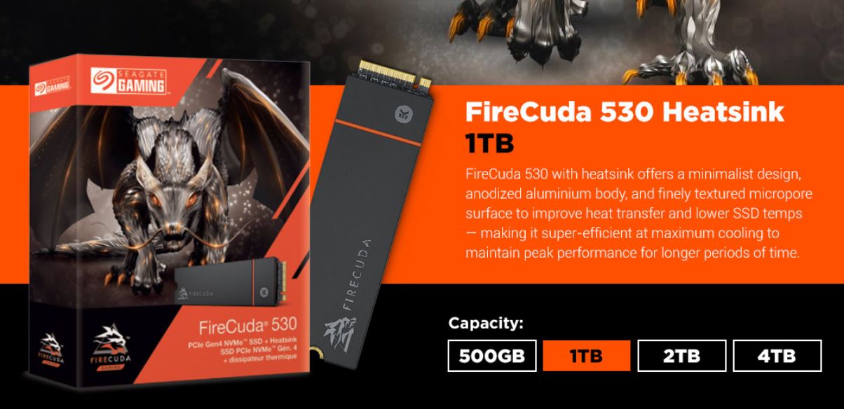 Seagate 1TB Firecuda 530 HS Gen4 M.2 2280 NVMe 1.4 PCIe Gen4, Read up to 7,300MB/s, Write up to 6,000MB/s, Random R/W 800K/1,000K IOPS, PS5 Gaming SSD