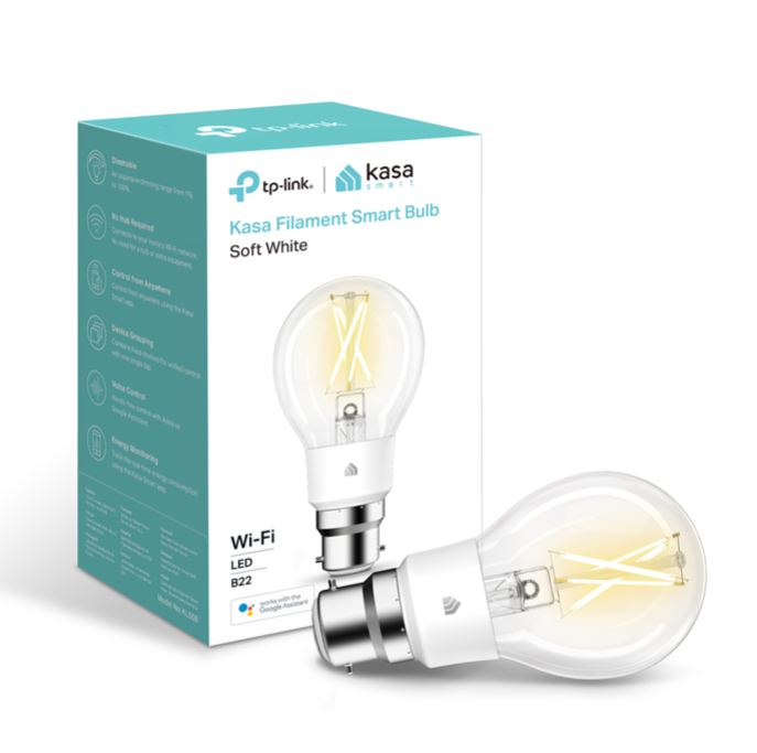 TP-Link KL50B Kasa Filament Smart Bulb, Soft White, Bayonet, Dimmable, No Hub Required, Voice Control, 2700K, 7kWh/1000h, 2.4 GHz, 2 Year Warranty