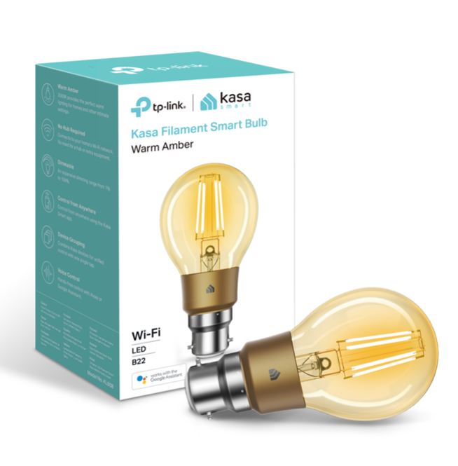 TP-Link KL60B Kasa Filament Smart Bulb, Warm Amber, Bayonet, Dimmable, No Hub Required, Voice Control, 2000K, 5kWh/1000h, 2.4 GHz, 2 Year Warranty
