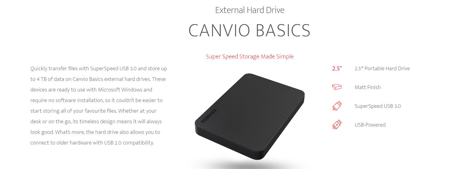 Toshiba 1TB CANVIO® BASICS PORTABLE HARD DRIVE STORAGE. 3 Years Warranty (new HDTB410AK3AA)