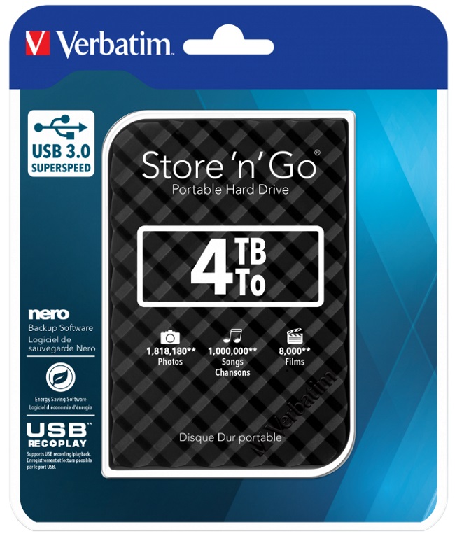 Verbatim 4TB 2.5' USB 3.0 Black Store'n'Go HDD Grid Design