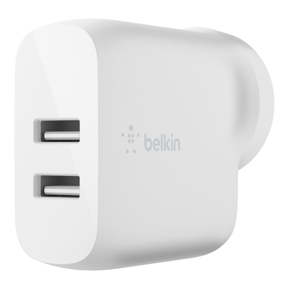 Belkin BOOST↑CHARGE™ Dual USB A Wall Charger 24W - White (WCB002auWH), $2,500 Connected Equipment Warranty, Dual ports charge two devices at once