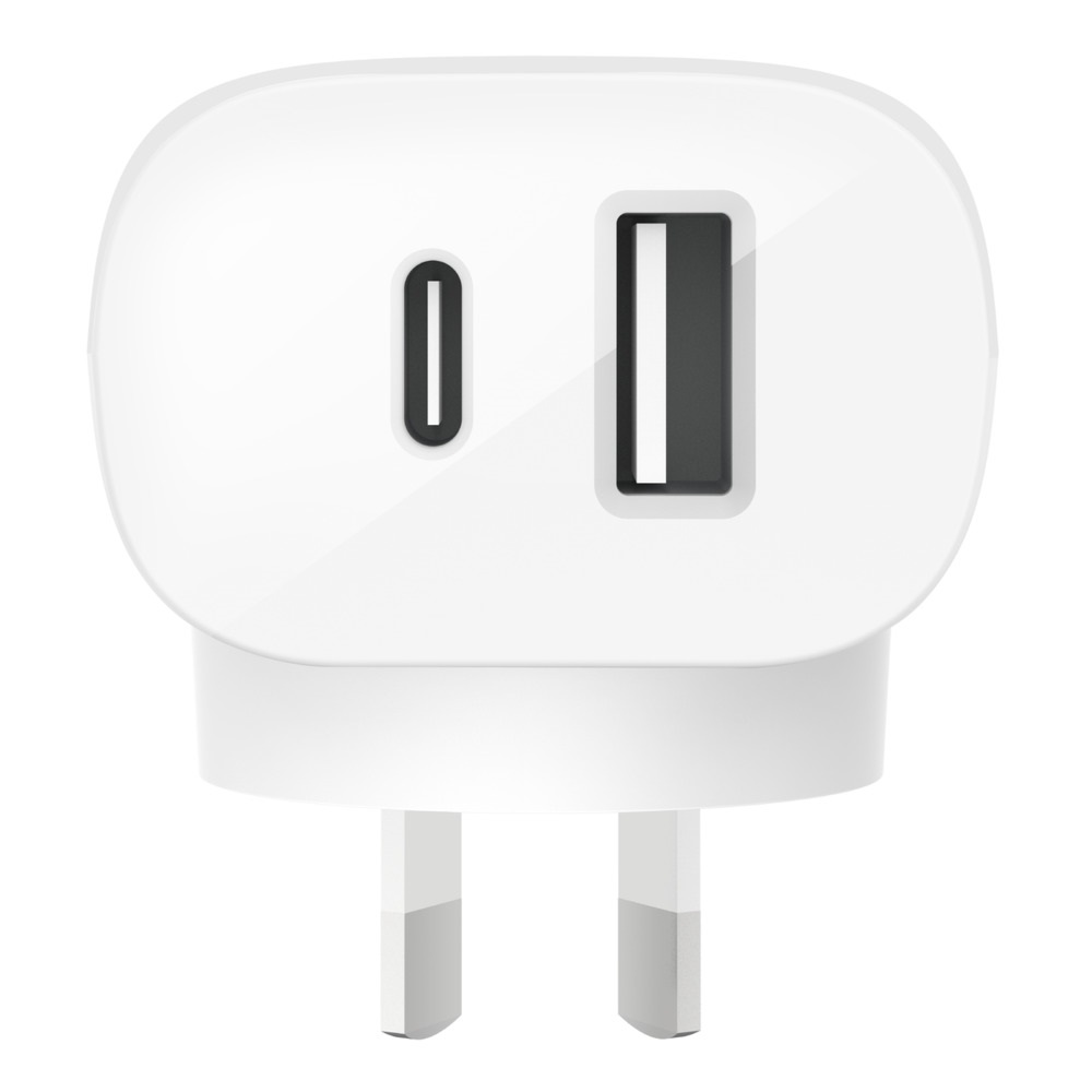 Belkin BOOST↑CHARGE™ Dual Wall Charger with PPS 37W - White (WCB007auWH), Two device charging: USB C + USB A can charge two phones at the same time