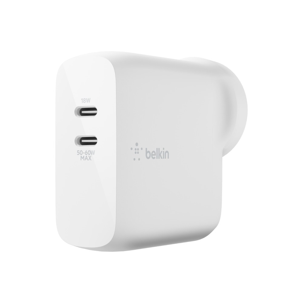 Belkin BOOST↑CHARGE™ Dual USB-C PD GaN Wall Charger 68W - White (WCH003auWH), $2,500 Connected Equipment Warranty, 68W total output, two USB-C ports