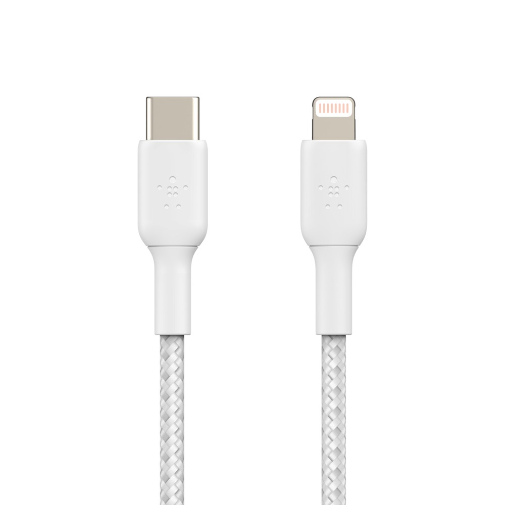 Belkin BOOST↑CHARGE™ Braided USB-C to Lightning Cable (1m / 3.3ft) - White (CAA004bt1MWH), fast charging, Tested to withstand 10,000+ bends