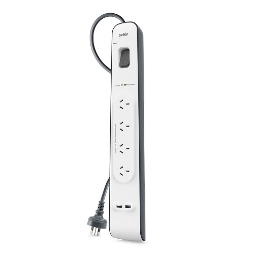 Belkin 2.4 Amp USB Charging 4-outlet Surge Protection Strip - White/Grey (BSV401au2M), $20,000 Connected Equipment Warranty, Four protected AC outlets