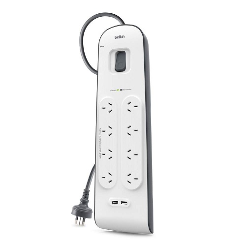 Belkin 2.4 Amp USB Charging 8 - outlet Surge Protection Strip - White/Grey (BSV804au2M), $50,000 Connected Equipment Warranty, impact, and rust