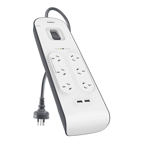 Belkin 2.4 Amp USB Charging 6-outlet Surge Protection Strip - White/Grey (BSV604au2M), $30,000 Connected Equipment Warranty, Three-line AC protection