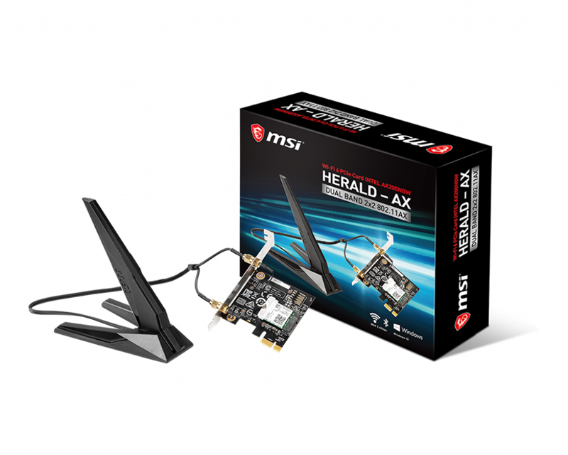 MSI HERALD-AX INTEL AX200NGW WI-FI 6 PCI-E Adapter, PCI-E x1, Bluetooth 5, 2.4 GHz/5 GHz Frequency, 2.4 Gbps Max Speed