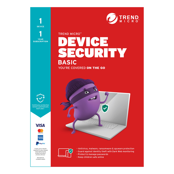 Trend Micro Device Security BASIC (1 Devices) 1Yr Subscription Retail Mini Box (Replaces Maximum Security)