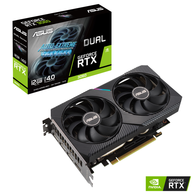 ASUS NVIDIA GeForce DUAL-RTX3060-12G-V2 RTX 3060 V2 12GB GDDR6, 1807 Mhz Boost, 1xHDMI 3xDP, Ampere SM, 2nd RT Cores, 3rd Gen Tensor Cores (LHR)