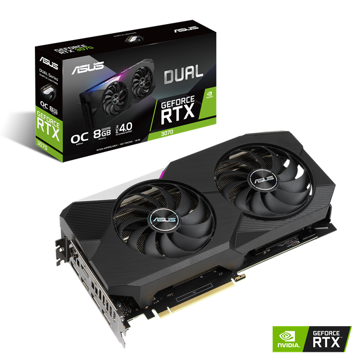 ASUS NVIDIA GeForce DUAL-RTX3070-O8G-V2 RTX 3070 V2 8GB GDDR6 OC Edition 1800MHz Boost, 2xHDMI 3xDP Ampere SM, 2nd RT Cores, 3rd Gen Tensor Cores (LHR