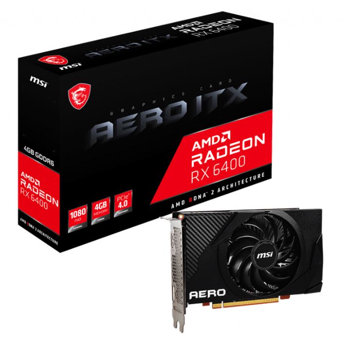 MSI AMD Radeon RX 6400 AERO ITX 4G Video Card GDDR6 PCI-E 4.0, 2039MHz Game Clock, 2321 MHz Boost Clock DisplayPort x 1 (v1.4a) / HDMI x 1 (LS)