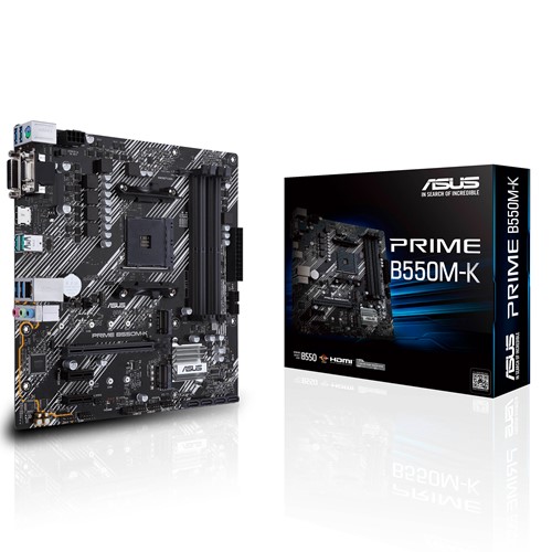 ASUS AMD B550 PRIME B550M-K (Ryzen AM4) mATX MB, Dual M.2, PCIe 4.0, 1Gb Ethernet, HDMI/D-Sub/DVI, SATA 6Gbps, USB 3.2 Gen 2 A