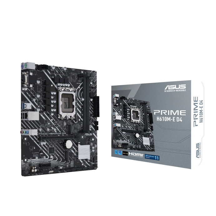 ASUS PRIME H610M-E D4 Intel LGA 1700 mATX Motherboard, 2x DDR4 ~64GB, 1x PCI-E 4.0, 1x PCI-E 3.0, 2x M.2, 4x SATA, 2x USB 3.2, 2x USB 2.0