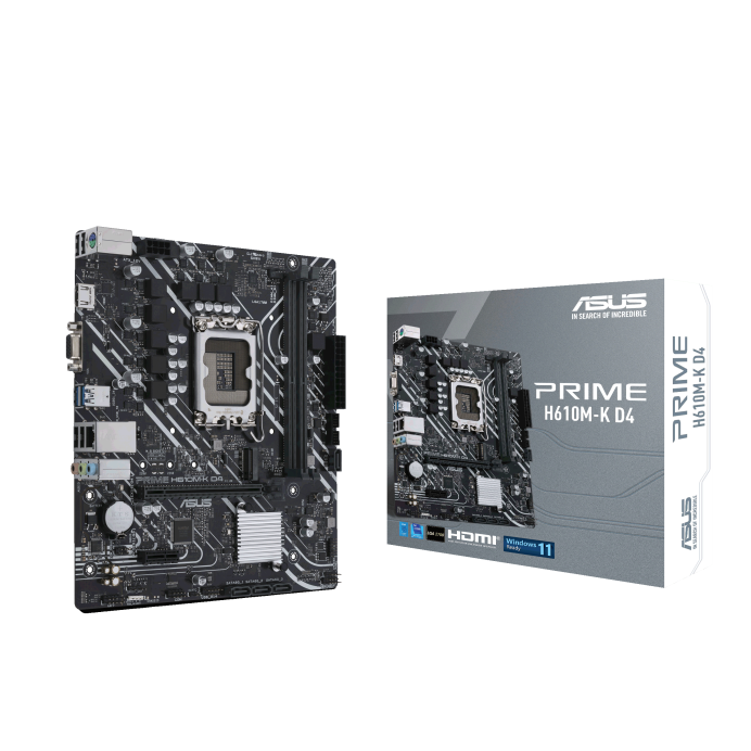 ASUS PRIME H610M-K D4 Intel LGA 1700 mic-ATX Motherboard DDR4 PCIE4.0, M.2, Realtek 1 Gb Ethernet, HDMI D-Sub USB3.2, SATA 6 Gbps, Com header, RGB Hea