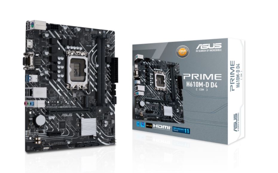 ASUS PRIME H610M-D D4-CSM Intel LGA 1700 DDR4 mATX Motherboard, PCIe 4.0, M.2, 1Gb Ethernet, HDMI, D-SUB, USB3.2 Gen1, SATA 6Gbps, LPT/RGB Header