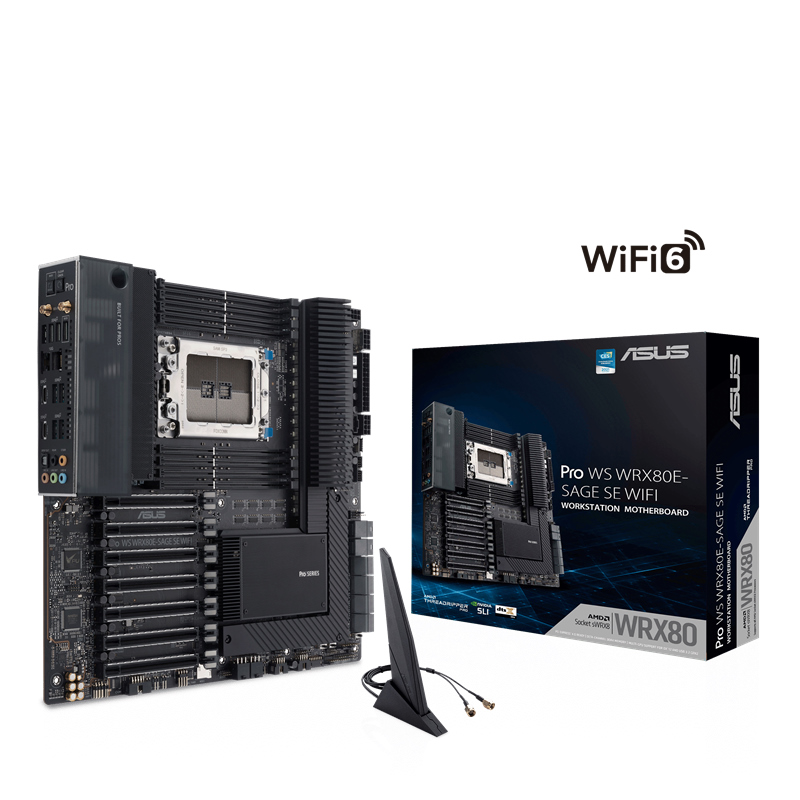 ASUS AMD PRO WS WRX80E-SAGE SE WIFI Workstation MB, Extended ATX, Intel Dual 10G LAN, WIFI6, BT5, PCIe4.0 x16 slots, 3 x M.2 PCIe4.0, 16 Power Stages
