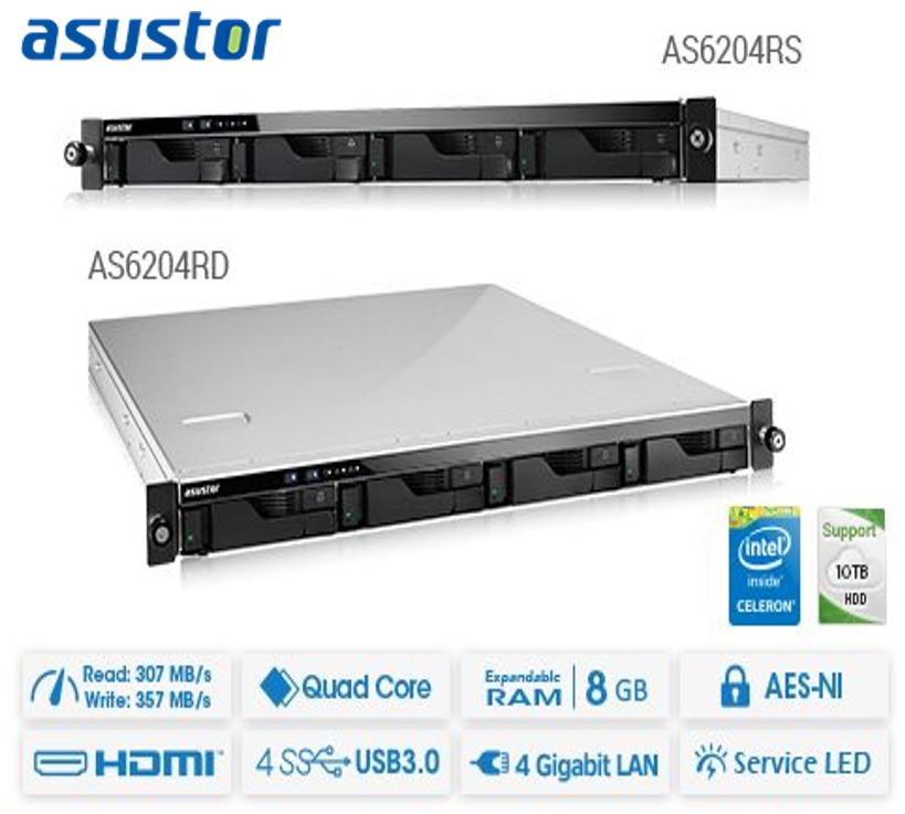 Asustor AS6204RS 4 Bay 1U Rack single power NAS Intel Celeron Quad Core 1.6GHz 4GB DDR3L 4xGbE 3xUSB3.0 WoL Hardware encryption Virtualization