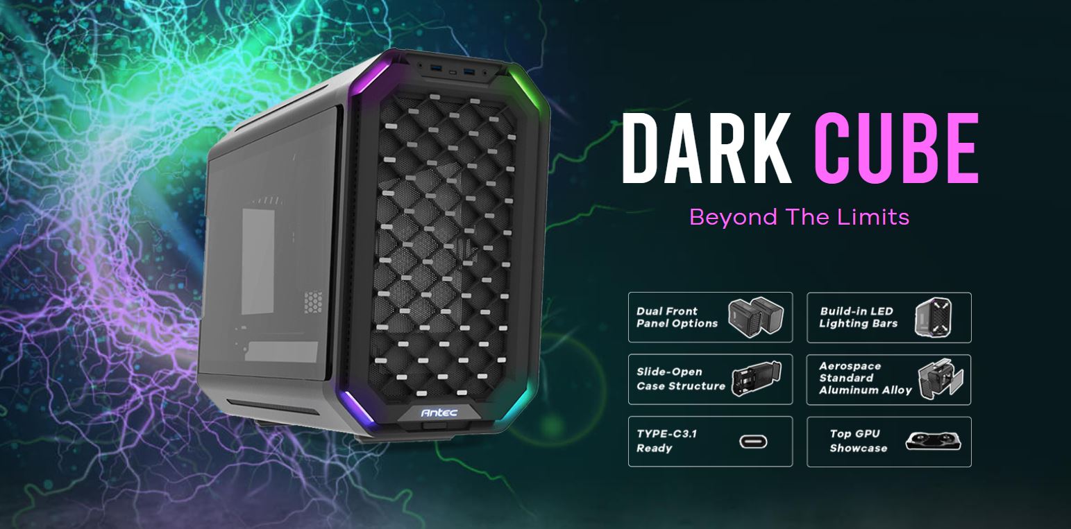 Antec Dark Cube M-ATX, Dual Front Panel, Slide Open Structure, USB Type-C 3.1, LED Light Bars, Aluminum Alloy structure, Top GPU Window Gaming Case