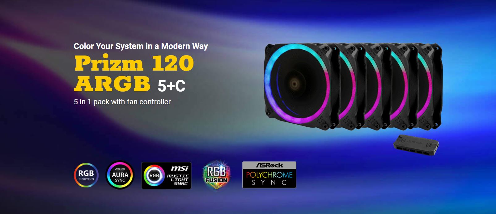 Antec Prizm 120mm ARGB Fan. 5+C 5 in 1 Pack with 5x 12CM RGB Dual Ring Outer Fan - PWM Fans and 1x Fan Controller. 2 Years Warranty