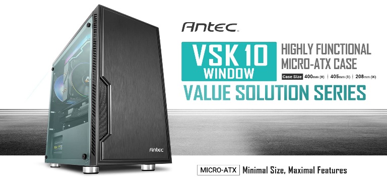 Antec VSK10 Window mATX Case. 2x USB 3.0 Thermally Advanced Builder's Case. 1x 120mm Fan preinstalled. Two Years Warranty