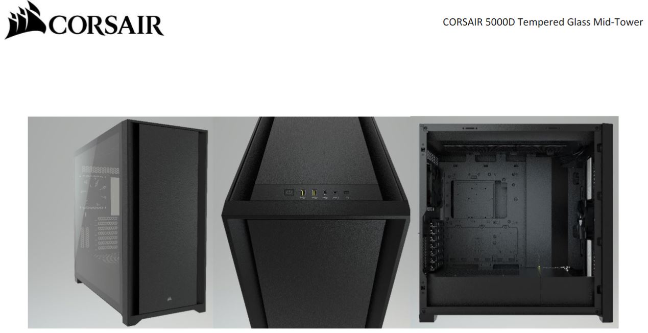 Corsair 5000D TG E-ATX, ATX, USB Type-C, 2x 120mm Airguide Fans, Radiator 360mm. 7x PCI, 4x 2.5' SSD, 2x 3.5' HDD. VGA 420mm. Black Tower Case (LS)