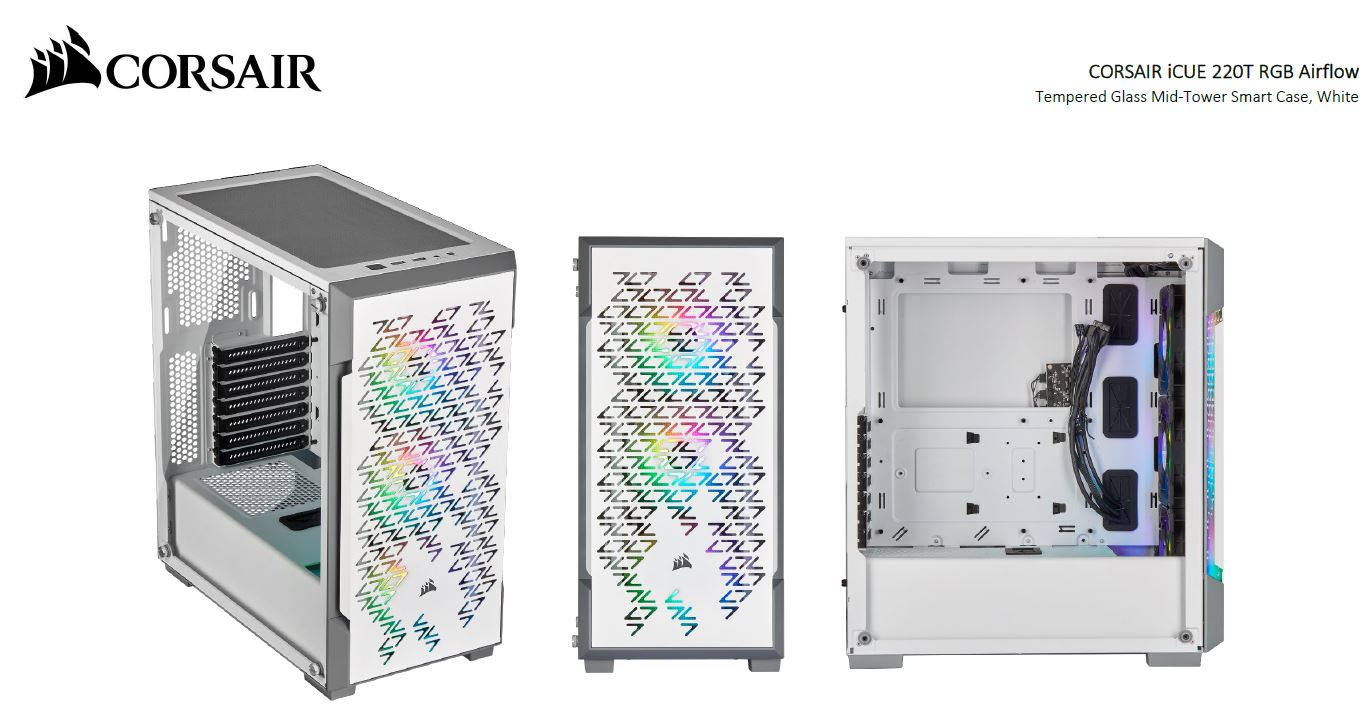 Corsair iCUE 220T RGB Airflow Smart ATX, mATX, Mini-ITX Case - 3x SP120 Fan, Lighting Node Core,White. 2 Years Warranty