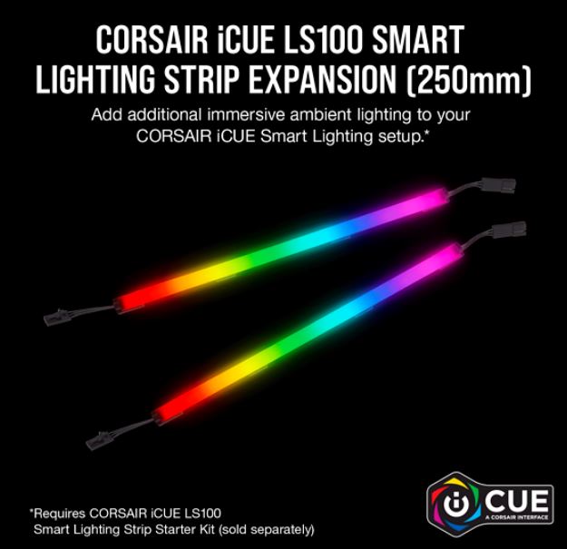 Corsair iCUE LS100 Smart Lighting Strip Expansion Kit -2x 250mm Addressable LED Strip, RGB Ext Cable, Adhesive Tape, Cable Clips. 2 Years Wty. (LS)