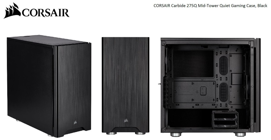 Corsair Carbide Series 275Q Mid-Tower Quiet ATX Case, 2x 3.5', 4x 2.5'. Up to 360mm Radiator, VGA 370mm, CPU 170mm.  Black (LS)