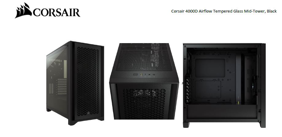 Corsair Carbide Series 4000D Airflow ATX Tempered Glass Black, 2x 120mm Fans pre-installed. USB 3.0 x 2, Audio I/O. Case