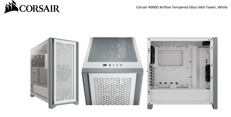 Corsair Carbide Series 4000D Airflow ATX Tempered Glass White, 2x 120mm Fans pre-installed. USB 3.0 x 2, Audio I/O. Case