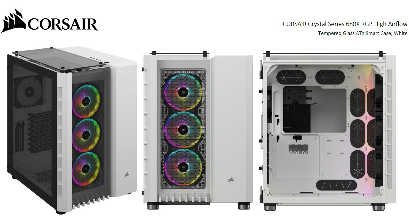 Corsair Crystal Series 680X RGB ATX High Airflow, USB 3.1 Type-C, Tempered Glass, Dual Chamber Cube Case, PCI Expansion Slots 8+2,  White.