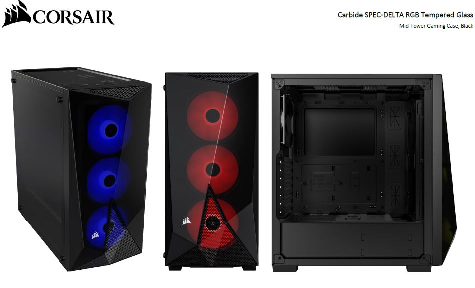 Corsair SPEC-DELTA RGB Tempered Glass, 3x RGB LED Fans included,  Mid-Tower ATX Gaming Case, Black. (LS)