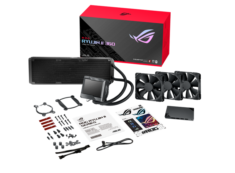 ASUS ROG RYUJIN II 360 All-In-One Liquid CPU Cooler, 3.5' LCD, Embedded Pump Fan, 3x Noctua PWM 120mm Radiatior Fans, AM4, TR4, LGA1150-6, 1200, 1366