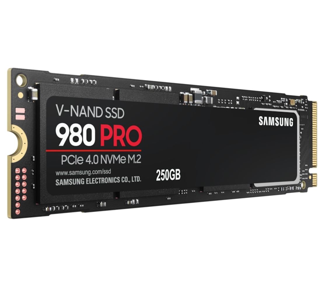 Samsung 980 Pro 250GB NVMe SSD 6400MB/s 2700MB/s R/W 1000K/1000K IOPS 150TBW 1.5M Hrs MTBF M.2 2280 PCIe 4.0 Gen4 3-bit MLC V-NAND 5yrs Wty