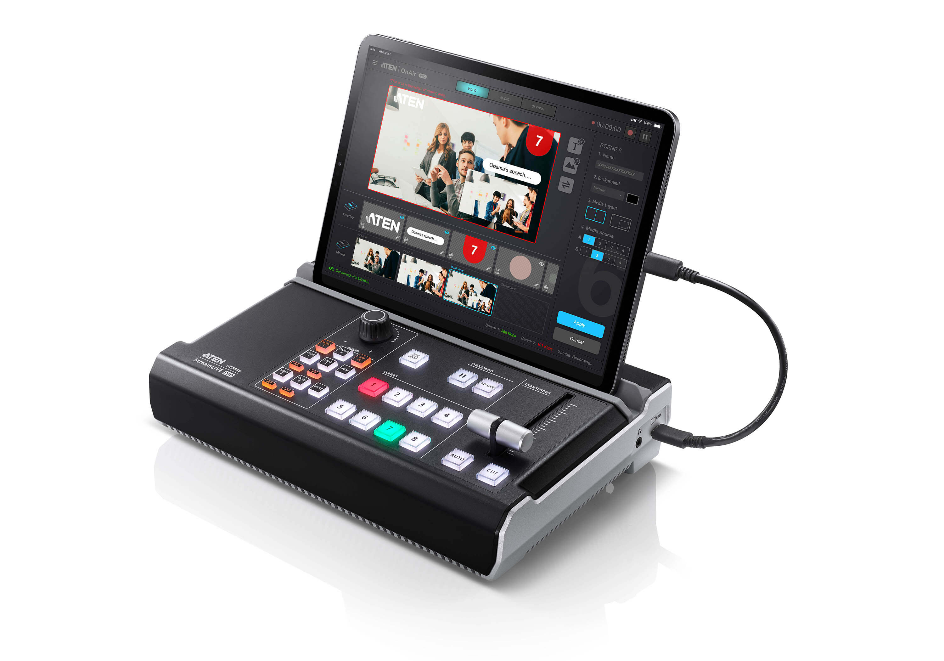 Aten UC9040 StreamLIVE™ PRO All-in-one Multi-channel AV Mixer. Preset up to 8 scenes, DVE video transition effects, a storyboard like management