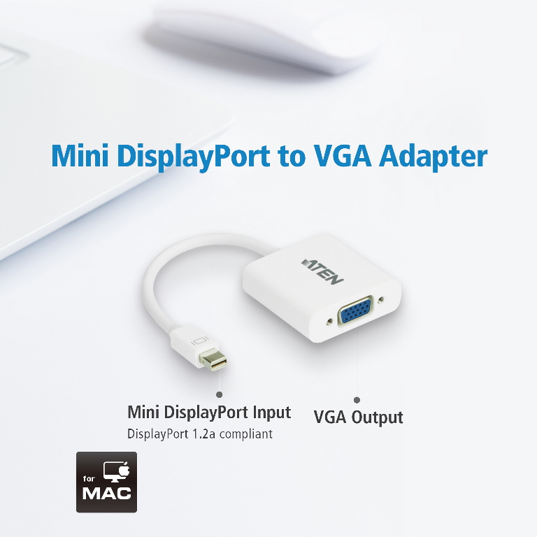 Aten Mini DisplayPort to VGA Adapter , Supports VGA, SVGA, XGA, SXGA, UXGA and resolutions up to 1920x1200(PC) / 1080p(HDTV)