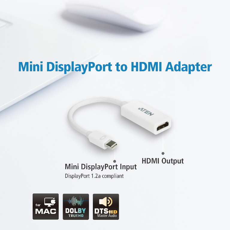 Aten Mini DisplayPort to HDMI Adapter, Supports VGA, SVGA, XGA, SXGA, UXGA and resolutions up to 1920x1200(PC) / 1080p(HDTV)