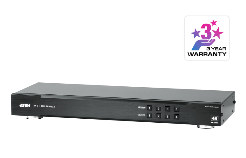 Aten Professional Matrix 4x4 HDMI Matrix, Supports 4K Resolutions tp to UHD, control via front-panel pushbuttons, IR remote and RS232