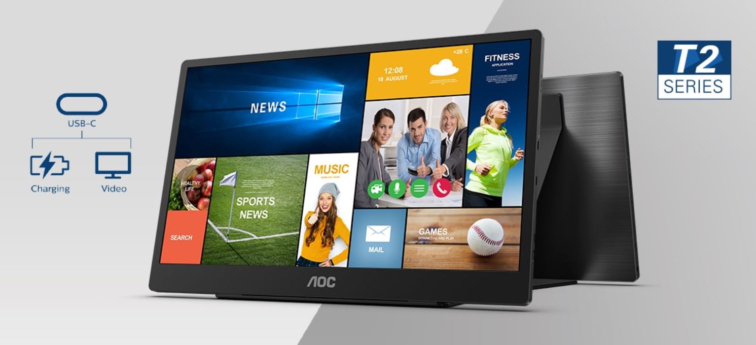 AOC 15.6' IPS, FHD, 4ms, 60Hz,USB-C Portable Monitor, 10 Points Touch , USB-C X2, Micro HDMI 1.4, Auto Pivot, VESA 50x 50mm, SPK x2 , Battery 8000mAh