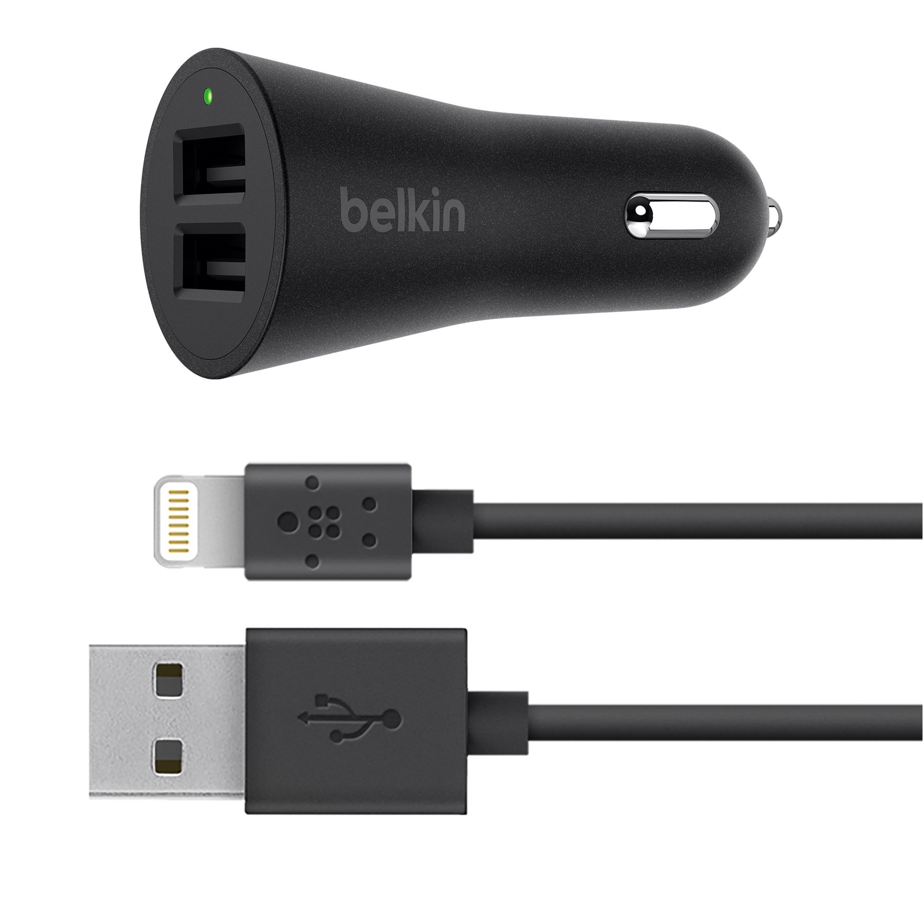 Belkin DUAL METALLIC CAR CHG W/LTG CBL,24W,4 - Black(F8J221bt04-BLK)