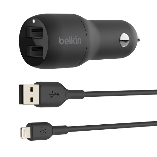 Belkin BOOST↑CHARGE™ Dual USB-A Car Charger 24W + USB-A to Lightning Cable - Black (CCD001bt1MBK), $2,500 Connected Equipment Warranty, Multi-Port
