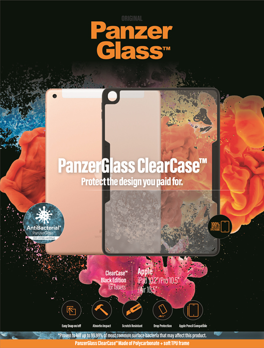 PanzerGlass™ ClearCase™ Apple iPad 10,2'/Pro 10,5'/Air 10,5' - Black Edition (0291), Slim fashionable design, Tempered anti-aging glass back