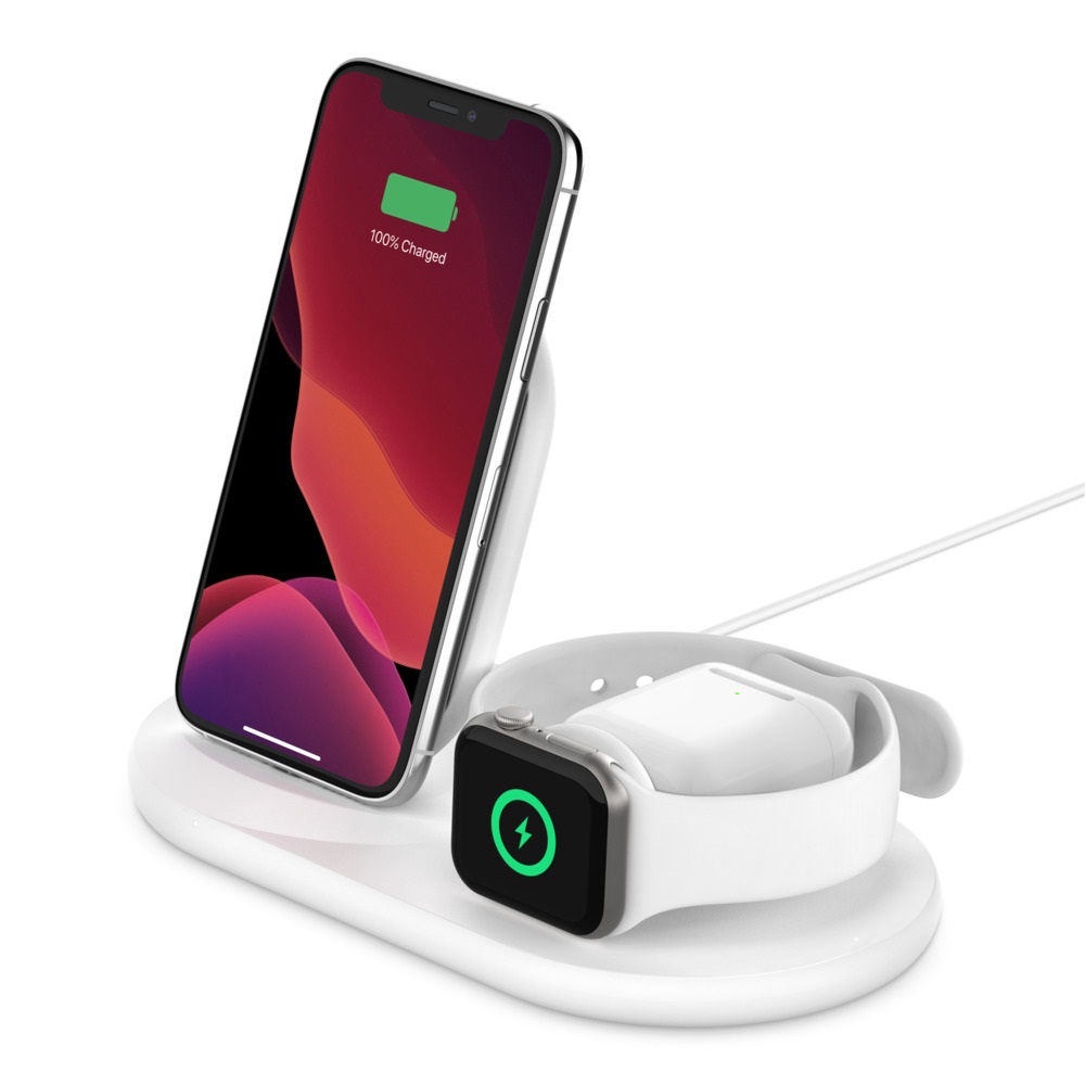 Belkin BOOST↑CHARGE™ 3-in-1 Wireless Charger for Apple Devices - White (WIZ001auWH), Fast Wireless Charging, Apple Watch Puck with Nightstand mode