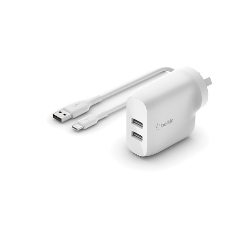 Belkin BOOST↑CHARGE™ Dual USB-A Wall Charger 24W + USB-A to USB-C® cable - White (WCE001au1MWH), $2,500 Connected Equipment Warranty